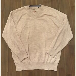 Orvis V Neck Sweater Mens Large Beige Merino Wool Fly Fishing Logo